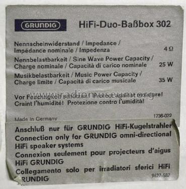 HiFi-Duo-Baßbox 302; Grundig Radio- (ID = 1799841) Altavoz-Au