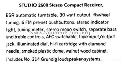 Studio 2600 Stereo Compact Receiver ; Grundig Radio- (ID = 2508482) Radio