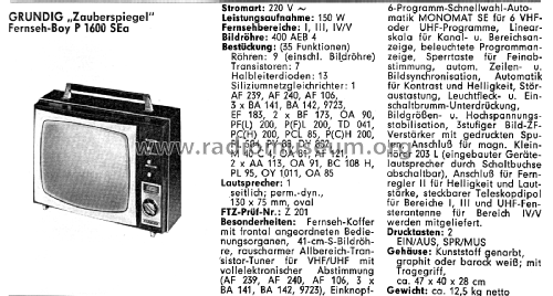 Zauberspiegel Fernseh-Boy P1600SEa; Grundig Radio- (ID = 3168816) Televisore