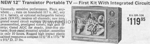 12' Transistor Portable TV GR-104; Heathkit Brand, (ID = 2078577) Télévision