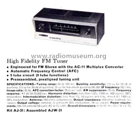 High Fidelity FM Tuner AJ-31; Heathkit Brand, (ID = 756656) Radio