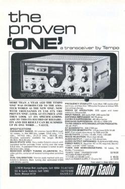 SSB Transceiver Tempo One ; Henry Radio, Inc.; (ID = 2658291) Amat TRX