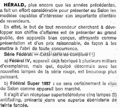 Federal Super 1937 ; Herald; Vanves (ID = 2612423) Radio