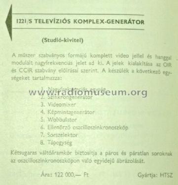 Televiziós Komplex-Generátor 1221/ S; Hiradástechnika (ID = 2469528) Equipment