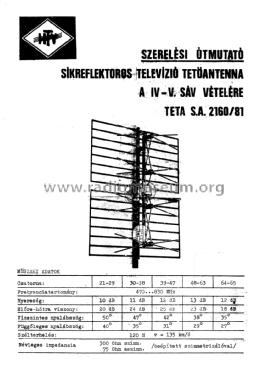Síkreflektoros Televiziós tetőantenna / TV Roofantenna with Flat Reflector - IV-V. sáv/Band TETA SA2160/81; Hiradótechnikai (ID = 2718368) Antenny