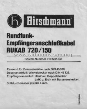 Rundfunk-Empfängeranschlußkabel Rukab 720/150 ; Hirschmann GmbH & Co (ID = 2596283) Diversos