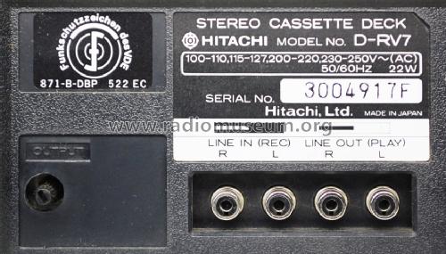 Auto Reverse Cassette Tape Deck D-RV7; Hitachi Ltd.; Tokyo (ID = 1528305) R-Player