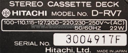 Auto Reverse Cassette Tape Deck D-RV7; Hitachi Ltd.; Tokyo (ID = 1528307) R-Player