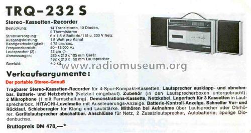 Cassette Tape Recorder TRQ-232S; Hitachi Ltd.; Tokyo (ID = 2819203) Sonido-V