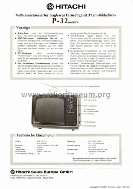Tragbarer S/W Fernseher P-32; Hitachi Ltd.; Tokyo (ID = 2819311) Televisión