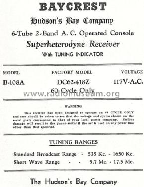 Baycrest B-108A DC62-418Z; Hudson's Bay Company (ID = 768213) Radio