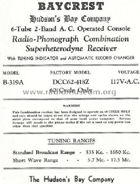 Baycrest B-319A DCC62-418Z; Hudson's Bay Company (ID = 768217) Radio