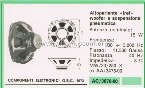 Altoparlante Woofer a Sospensione Pneumatica MW/20/250 X; IREL - Industrie (ID = 3110001) Speaker-P