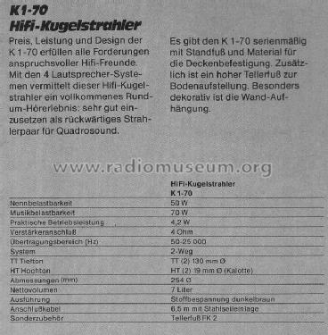 HiFi - Kugelstrahler K 1-70; ITT Schaub-Lorenz (ID = 1712575) Speaker-P