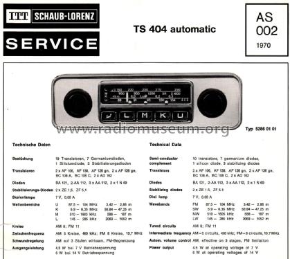 TS404 automatic 52860101; ITT Schaub-Lorenz (ID = 2705994) Car Radio