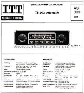 TS502 automatic 52860117; ITT Schaub-Lorenz (ID = 2702435) Car Radio