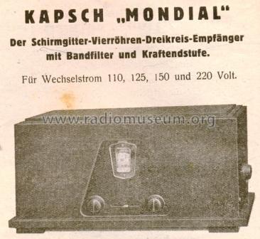 Mondial W Katalog Nr. 10063; Kapsch & Söhne KS, (ID = 464505) Radio