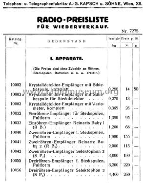 Zweiröhren Empfänger Reinartz Baby 2 Katalog Nr. 10041; Kapsch & Söhne KS, (ID = 2094869) Radio