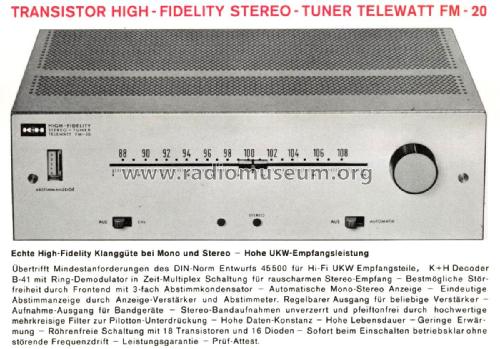 Telewatt Hi-Fi Stereo Tuner FM20; Klein & Hummel; (ID = 2316844) Radio