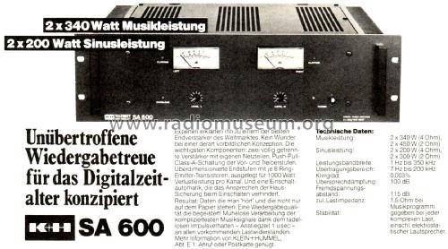 HiFi Stereo-Endverstärker SA 600; Klein & Hummel; (ID = 2355305) Verst/Mix