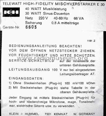 Telewatt E30; Klein & Hummel; (ID = 1464977) Ampl/Mixer