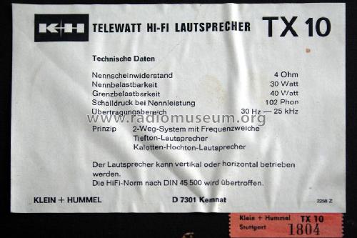Telewatt TX10; Klein & Hummel; (ID = 691749) Speaker-P