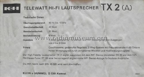 Telewatt TX2 ; Klein & Hummel; (ID = 2032321) Speaker-P