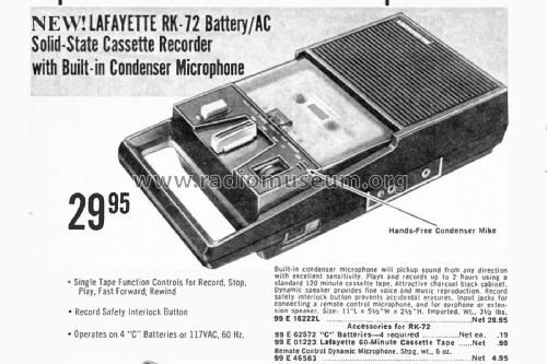 Battery/AC Solid-State Cassette Recorder RK-72; Lafayette Radio & TV (ID = 3189217) Reg-Riprod