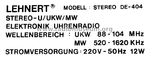 Elektronik Uhrenradio Stereo DE-404; Lehnert GmbH, Poppy; (ID = 1299122) Radio