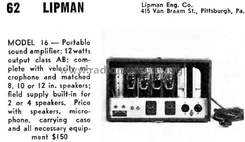 Model 16 portable soundamplifier ; Lipman; Pittsburgh (ID = 1050842) Ampl/Mixer