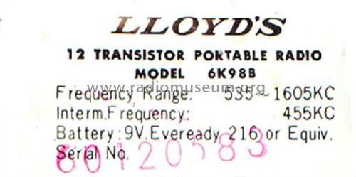 12 Transistor 6K98B; Lloyd's Electronics; (ID = 2026680) Radio