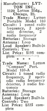 Lytton Compass Portable Model 103A; Lytton Inc., Walter; (ID = 1969590) Radio
