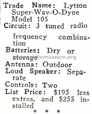 Lytton Super-Wav-O-Dyne No. 105; Lytton Inc., Walter; (ID = 1969603) Radio