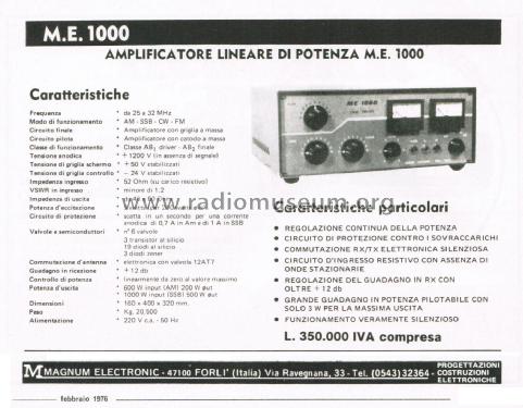 Amplificatore Lineare di Potenza M.E. 1000; Magnum Electronic; (ID = 2740225) RF-Ampl.