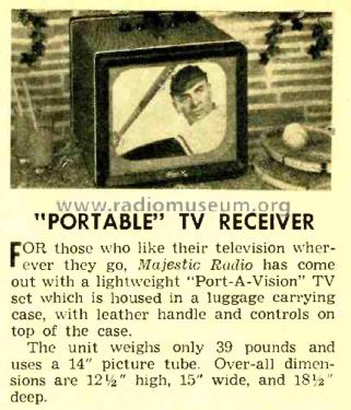 Port-A-Vision Portable TV Receiver ; Majestic Radio & (ID = 1813615) Fernseh-E
