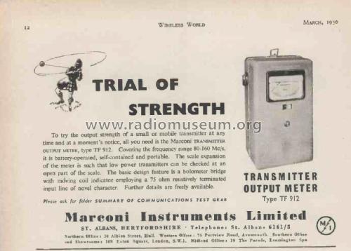 Transmitter Output Meter TF 912; Marconi Instruments, (ID = 3003336) Equipment