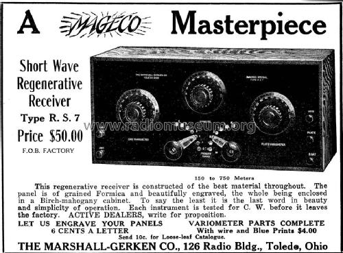 Short Wave Regenerative Receiver Type R. S. 7 ; Marshall-Gerken Co., (ID = 996112) mod-pre26