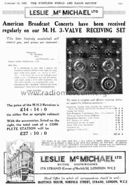 Three-Valve Broadcast Receiver M.H.3; McMichael Radio Ltd. (ID = 2504978) Radio