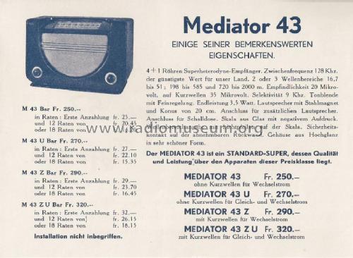 M43U ohne Kurzwelle; Mediator; La Chaux- (ID = 1117932) Radio