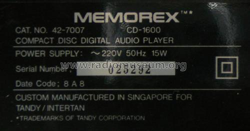 Compact Disk Digital Audio Player CD-1600; Memorex; Silicon (ID = 2520060) R-Player