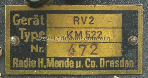 RV 2 KM522; Mende - Radio H. (ID = 1787049) Equipment