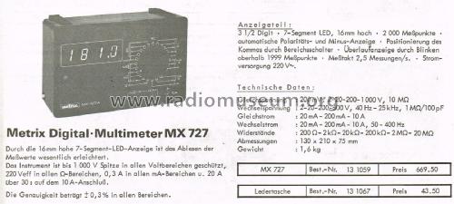 Digital Multimeter MX727A -1, -2, -21; Metrix, Compagnie (ID = 2692852) Equipment