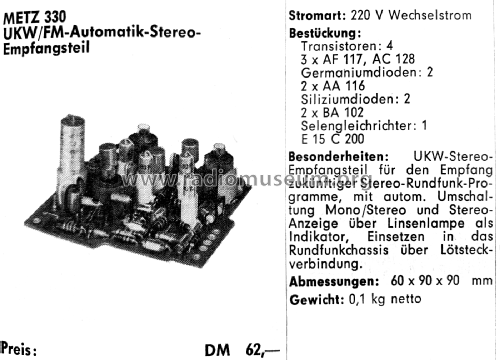 Automatik-Stereo-Empfangsteil - UKW-Stereo-Decoder 330; Metz Transformatoren (ID = 2531000) mod-past25