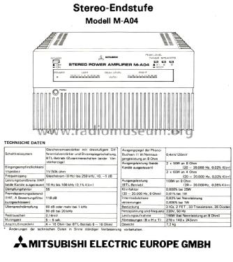 Stereo Power Amplifier M-A04; Mitsubishi Electric (ID = 2076095) Ampl/Mixer