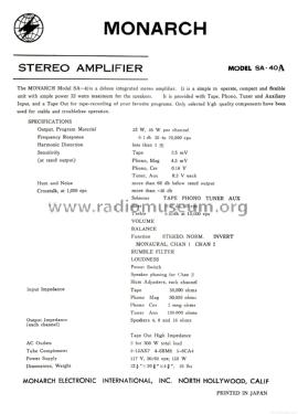 Stereo Amplifier SA-40A; Monarch Electronics (ID = 1943795) Ampl/Mixer