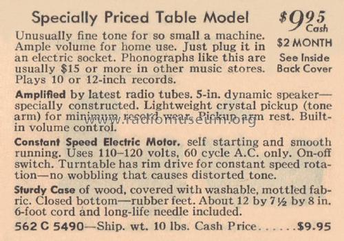 5490 Order= 562 C 5490 Table Phonograph; Montgomery Ward & Co (ID = 1925787) Sonido-V