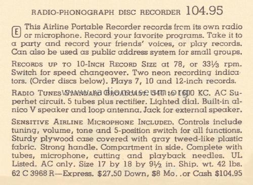 Airline 3968 Radio-Phonograph Disc Recorder; Montgomery Ward & Co (ID = 2032054) Radio