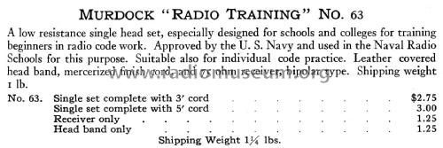 Radio Training head set No. 63; Murdock, WM.J. Co.; (ID = 2431816) Speaker-P