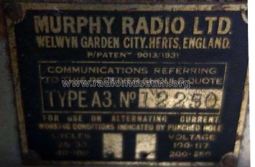 All Electric Table A3; Murphy Radio Ltd.; (ID = 2169170) Radio