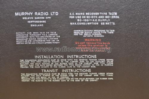 Deluxe Table Receiver TA-276; Murphy Radio Ltd.; (ID = 1231760) Radio